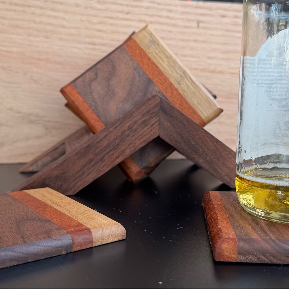 Set of 6 Handcrafted walnut and mahogany coasters with stand